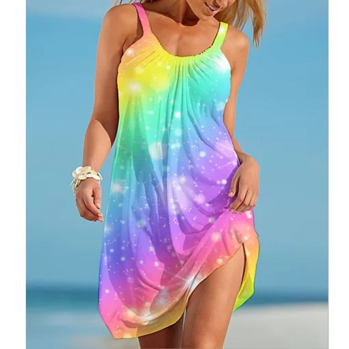f0G5Rainbow print gorgeous dress Bohemian beach dress Women s party dress Slim fit knee length dress