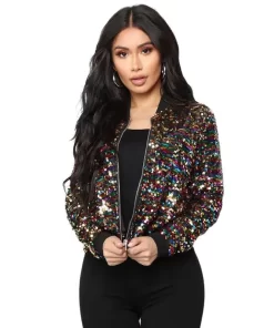 fHWr2022 Women Bomber Gradient Color Sequins Baseball Jacket Beaded Embroidered Sequined Zipper Pilot Coat Stage Show