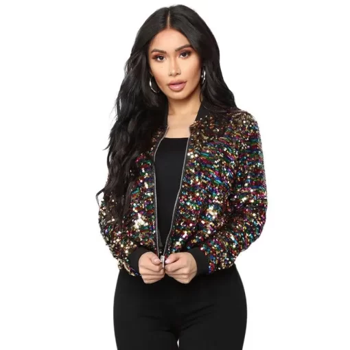 fHWr2022 Women Bomber Gradient Color Sequins Baseball Jacket Beaded Embroidered Sequined Zipper Pilot Coat Stage Show