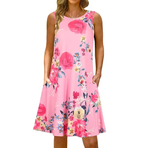 faS3S 5Xl Colorful Printed O Neck Long Dress Casual Bohemian Sleeveless Ladies Summer Beach Sundress Travel