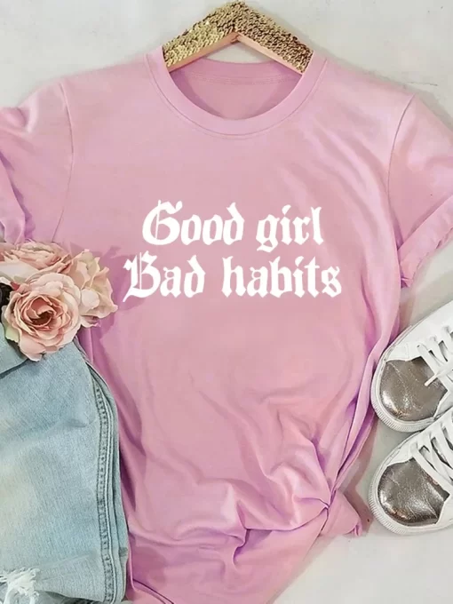 fnJFGood Girl Bad Habits Letter Print Women T Shirt Short Sleeve O Neck Loose Women Tshirt