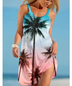 fpJyTropic Beach Dress Womens Fashion Bohemian Sexy Strap Dress Party Evening Dresses Sleeveless Hem Knee length