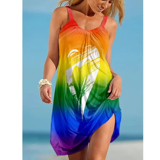 gXfaRainbow print gorgeous dress Bohemian beach dress Women s party dress Slim fit knee length dress