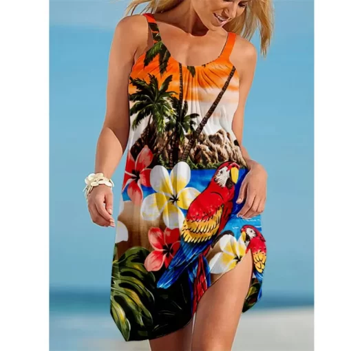 gzKG2023 New Women s Crew Neck Dress Parrot Print Female Hawaii Style Casual Sleeveless Mini Dress