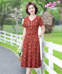h75LElegant Women Dress Elegant Casual V Neck Print Vintage Ladies Mid Calf High Waist Summer Bohemian