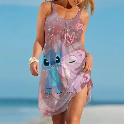 hYZoStitch Fashion Disney Dress Women Sleeveless Sundress Casual Polka 3D Knee Vestido Party Holiday Turtleneck Robe