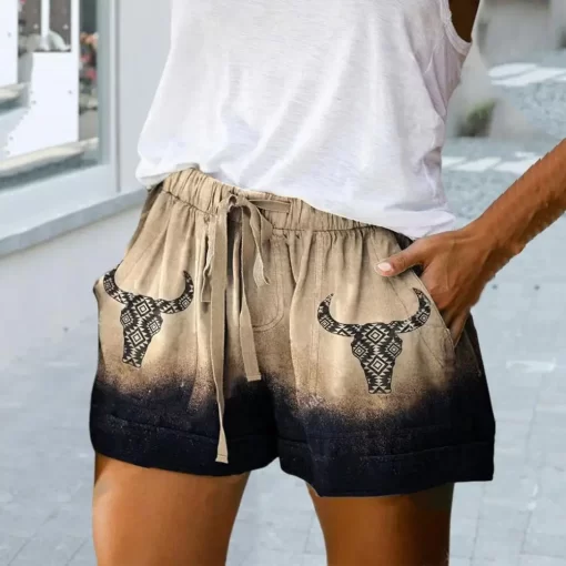 hfLQBeach Shorts Summer High Waist Elastic Waistband Short Pants Pockets Women Shorts Retro Print Drawstring Loose