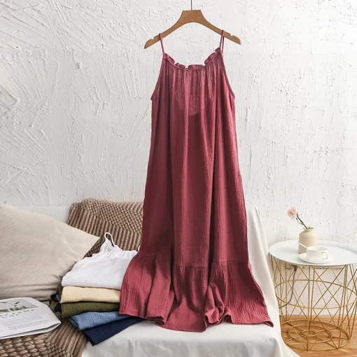 hsjPMuslin 100 Cotton Gauze Long Dresses For Women Adjustable Strap Sleeveless Ruched Holiday Boho Sundress Oversized