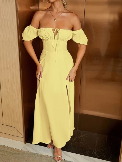 i3gcNewAsia Sweet Puff Sleeve Long Dresses Y2K Off Shoulder Cut Out Tie Up Side Split Ruched