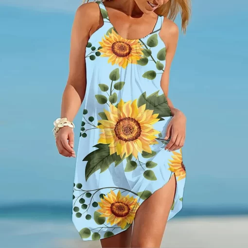 i4VgSummer Sunflower Beach Dress for Women 3D Print Vacation Party Sundress Ladies Casual Sleeveless Beachwear Female