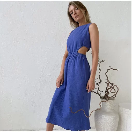iA1xCasual O Neck Cotton Long Dress For Woman Fashion Solid Hollow Out Backless Maxi Dresses 2023