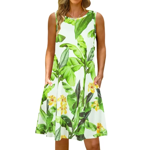iGMNS 5Xl Colorful Printed O Neck Long Dress Casual Bohemian Sleeveless Ladies Summer Beach Sundress Travel