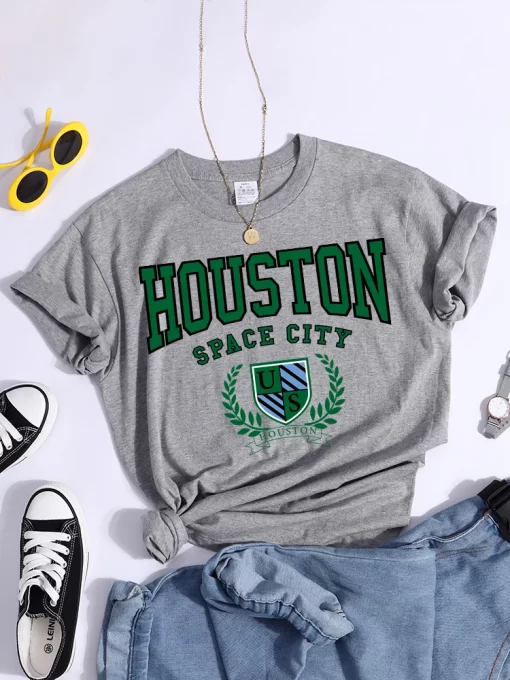ify3Bouston Space City Print Woman Tshirts Vintage Loose T Shirts Niche Vintage Individual Top Tee Tshirt