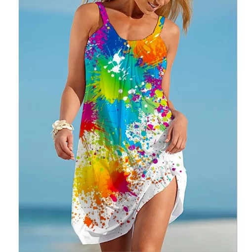 igO4Rainbow print gorgeous dress Bohemian beach dress Women s party dress Slim fit knee length dress