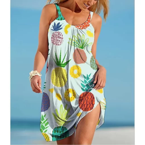 io2tWomen O Neck Sleeveless Dress Boho Solid Beach Sundress Tropical Fruit Print Fashion Sexy Beach Casual