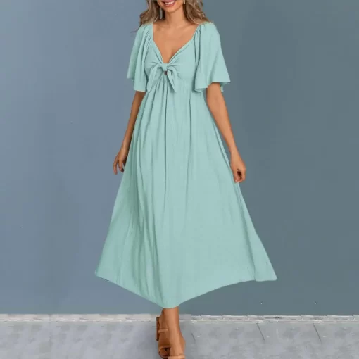 izYIWomen Midi Dress Elegant V Neck Summer Dress with Bow Detail A line Silhouette Breathable Fabric