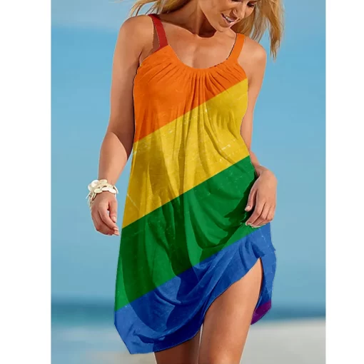 jMIhRainbow print gorgeous dress Bohemian beach dress Women s party dress Slim fit knee length dress