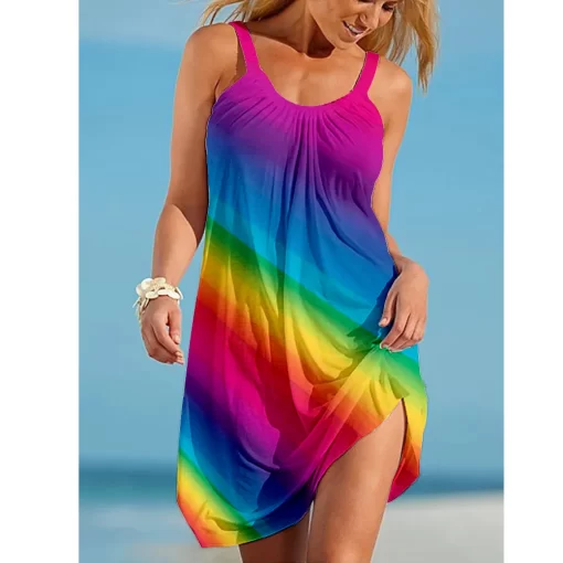 jdCqRainbow print gorgeous dress Bohemian beach dress Women s party dress Slim fit knee length dress