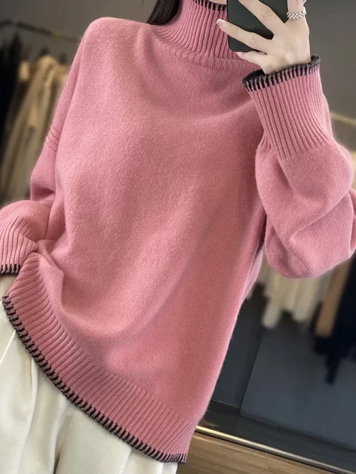 jtFC100 Pure Wool Cashmere Sweater Women s 2023 Autumn Winter New Turtleneck Pullover Fashion Loose Large
