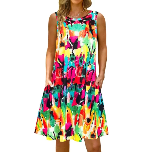 jz3gS 5Xl Colorful Printed O Neck Long Dress Casual Bohemian Sleeveless Ladies Summer Beach Sundress Travel
