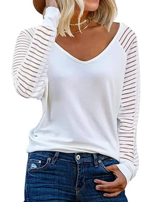 k1rUWomen Long Sleeve Striped T Shirts Female Fashion Casual Loose Soild Color Tops Spring Autumn V