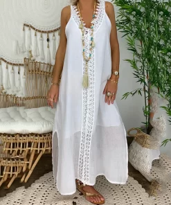 k6Mn2024 New Summer Women Loose Sleeveless Lace Splice Dress Designer Casual Elegant White Dresses For Women