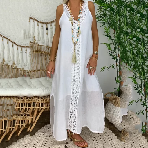 k6Mn2024 New Summer Women Loose Sleeveless Lace Splice Dress Designer Casual Elegant White Dresses For Women