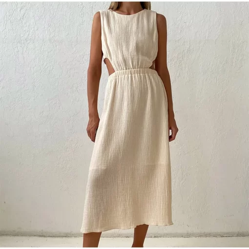 kJ5NCasual O Neck Cotton Long Dress For Woman Fashion Solid Hollow Out Backless Maxi Dresses 2023