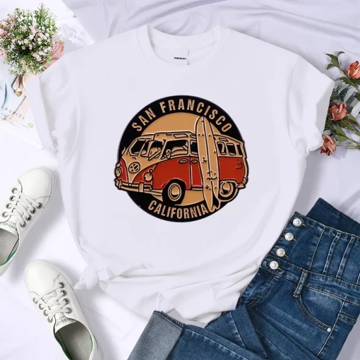km6DSan Francisco California Vintage School Bus Print T shirt Women Street Breathable Tops Loose Short Sleeve