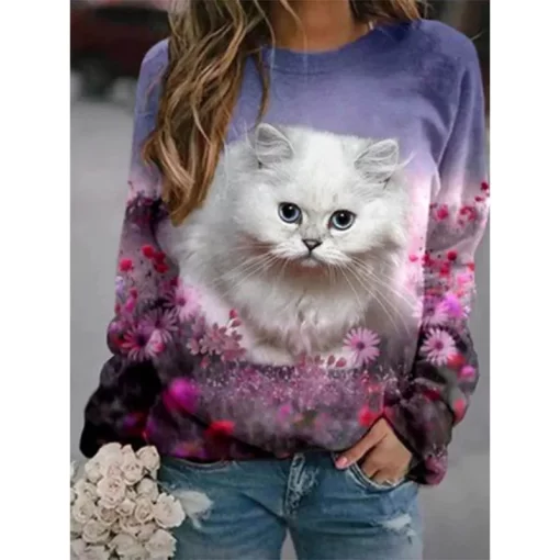 l2xiKawaii Animal Hoodies Cute Cat Floral 3D Print Sweatshirts Women Y2k Hoodie Streetwear Oversized Pullovers Tops