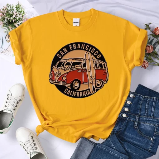 lQWpSan Francisco California Vintage School Bus Print T shirt Women Street Breathable Tops Loose Short Sleeve