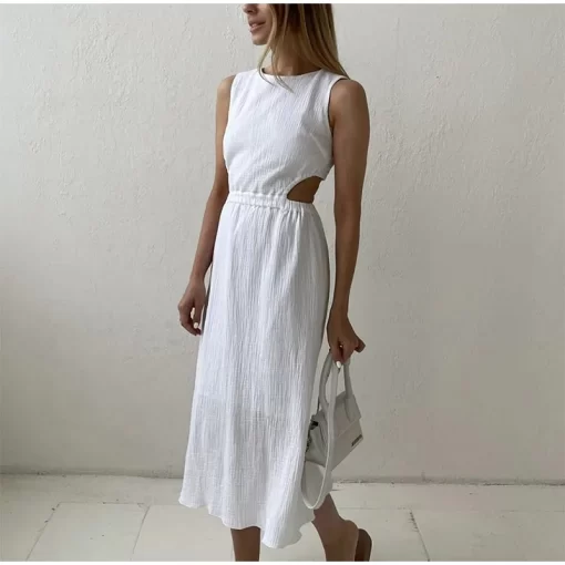 lYynCasual O Neck Cotton Long Dress For Woman Fashion Solid Hollow Out Backless Maxi Dresses 2023