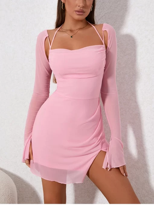 laR2NewAsia Sweet Mesh Full Sleeve Pink Dress Women Sexy Solid Backless Bandage Mini Vestido Mujer Summer