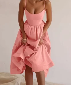 lsUJSexy Solid Spaghetti Strap A line Maxi Dresses Women Low Cut Sleeveless Big Skirt Dress Summer