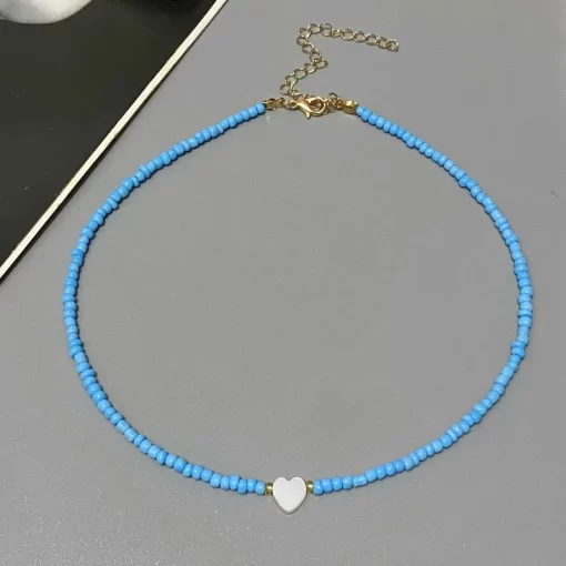 mJOoNew Nature Shell Love Heart Choker Necklace for Girl Spring Summer Fashion Small Colorful Glass Beads