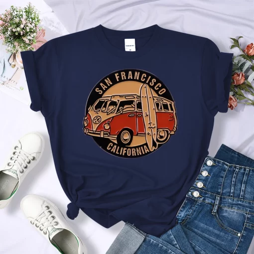 n0oCSan Francisco California Vintage School Bus Print T shirt Women Street Breathable Tops Loose Short Sleeve