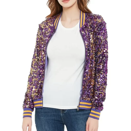 ouHr2022 Women Bomber Gradient Color Sequins Baseball Jacket Beaded Embroidered Sequined Zipper Pilot Coat Stage Show