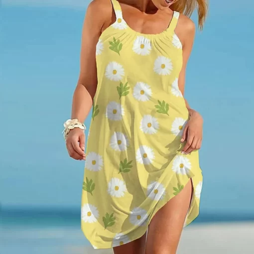 pAMMSummer Sunflower Beach Dress for Women 3D Print Vacation Party Sundress Ladies Casual Sleeveless Beachwear Female