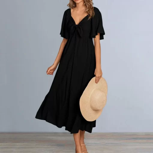 qRJLWomen Midi Dress Elegant V Neck Summer Dress with Bow Detail A line Silhouette Breathable Fabric