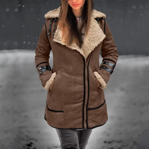 qVGSAutumn Winter Coat Lapel Collar Long Sleeve Padded Leather Jackets For Women Plus Size Thicken Coat