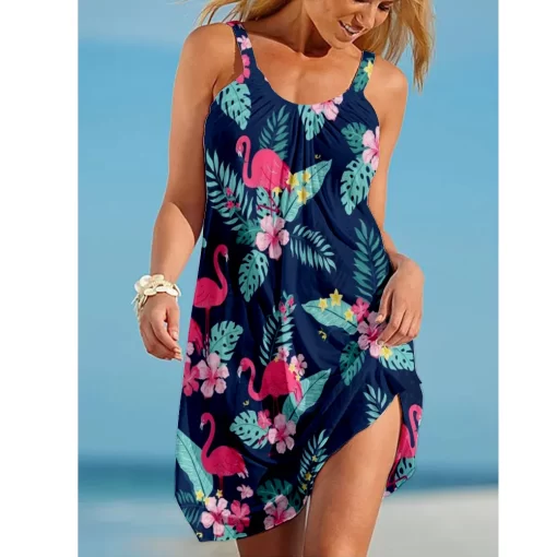 qvNHFlamingo Print 3D Girl Midi Dress Bohemian Beach Dress Women Party Dress Slim Fit Knee Length