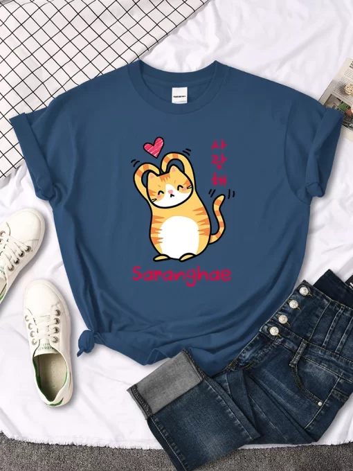 rUNCThan A Heart Little Orange Cat Cute Print T Shirt Women Kawaii Cartoon Graphic Clothes Female