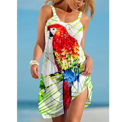 rXOW2023 New Women s Crew Neck Dress Parrot Print Female Hawaii Style Casual Sleeveless Mini Dress