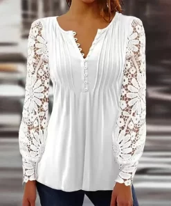 rba4Flower Lace Long Sleeve Women Cropped T shirt Sexy V Neck Hollow Out Button Tops Elegant