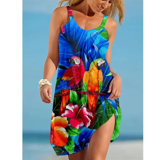 rnFR2023 New Women s Crew Neck Dress Parrot Print Female Hawaii Style Casual Sleeveless Mini Dress