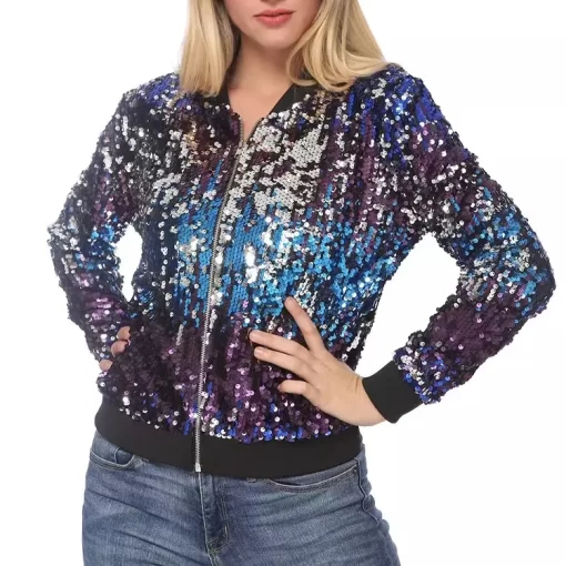 rsS42022 Women Bomber Gradient Color Sequins Baseball Jacket Beaded Embroidered Sequined Zipper Pilot Coat Stage Show