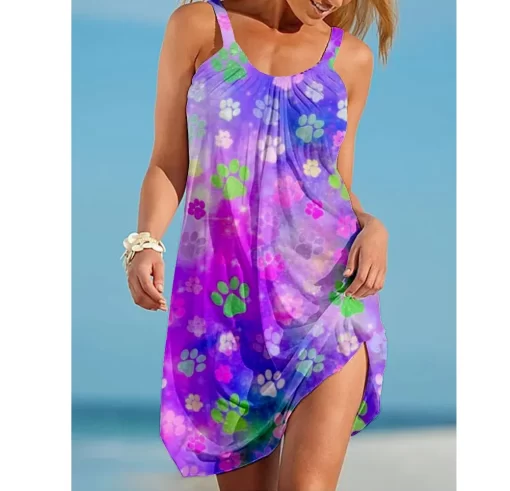 rycKSummer Dog Paw Boho Sexy Beach Dress 3D Print Women Sleeveless Dresses Hawaii Casual Vintage Beachwear