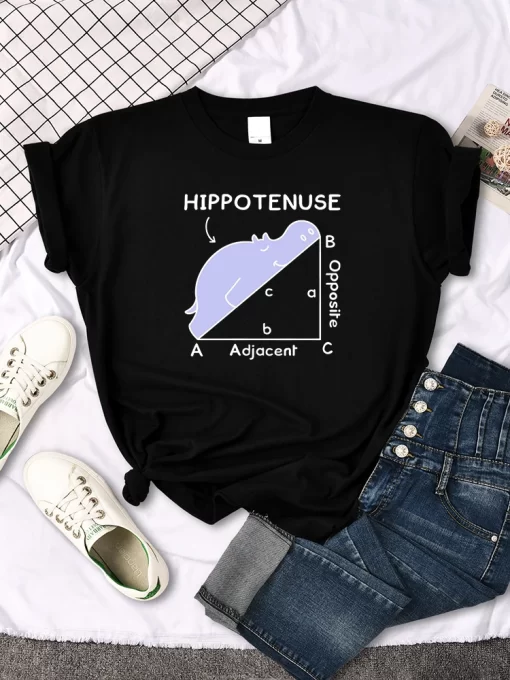 s0cgWomen T Shirt Hippo Sleeping On Math Problem Printing Shirt Females O Neck Loose Oversize Top