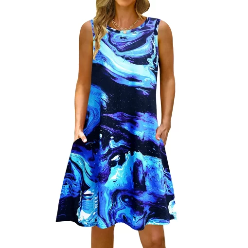 sDJXS 5Xl Colorful Printed O Neck Long Dress Casual Bohemian Sleeveless Ladies Summer Beach Sundress Travel