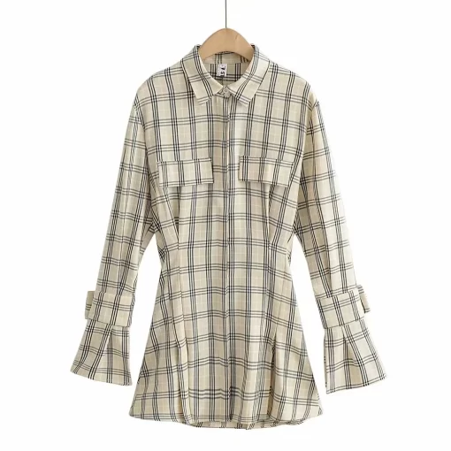 tSo4Woman Front Button Collect Waist Flare Long Sleeve Poket Mini Gaby Shirt Dress